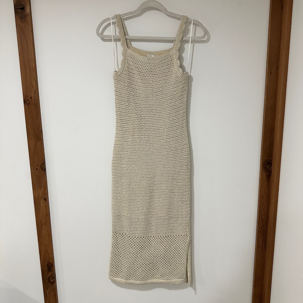 Joie Crochet Knit Midi Dress Womens Small Beige Metallic Sleeveless Lined Boho